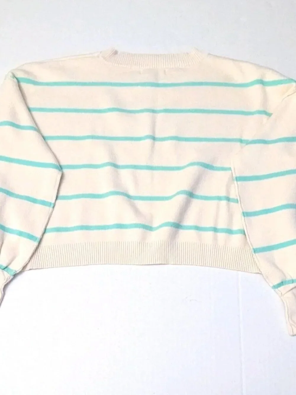 By Together Cream Teal Striped Knit Cropped Sweater Drop Shoulder Size S NWOT